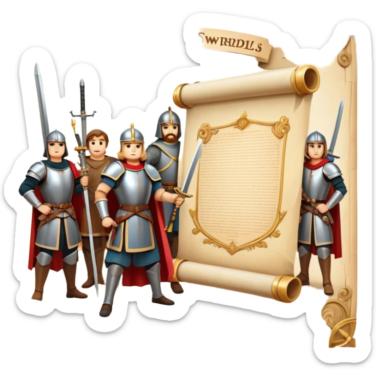 Icon for Historical Movies: A vintage movie poster-style design with elements of ancient architecture, historical figures in period costumes, and a backdrop of a historical event or battle. Include scrolls, swords, and shields. Retro cinematic feel. Transparent background. sticker