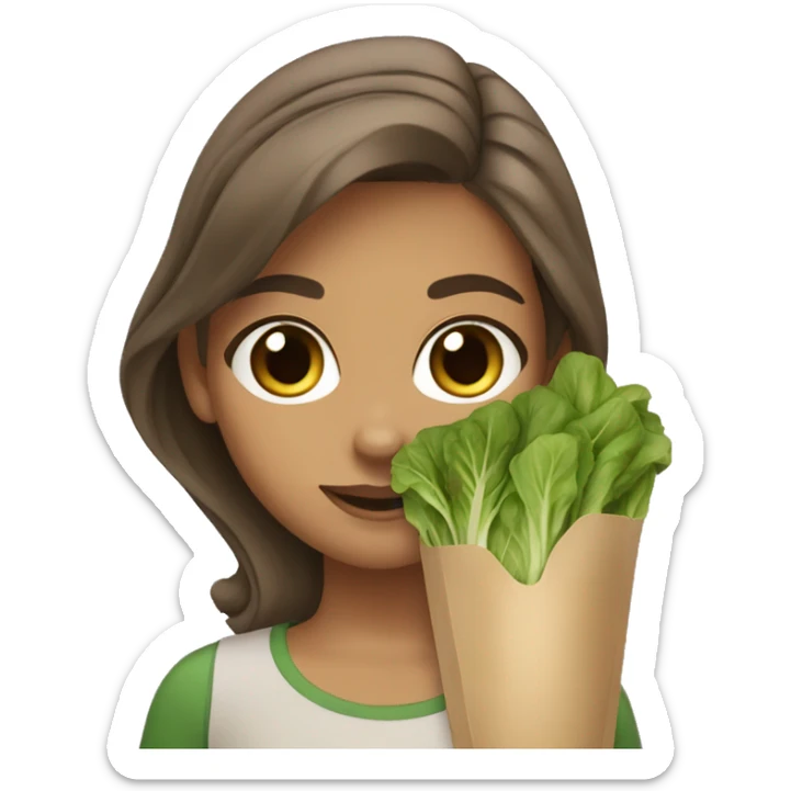 girl with brown hair light tan skin and brown and green eyes eating tender greens sticker