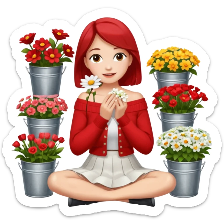 a woman sitting on a tiled surface surrounded by various bouquets of flowers in metal buckets and glass vases. She is holding a single white flower up to her face, covering it playfully. She wears a red off-shoulder cardigan and a white skirt. sticker