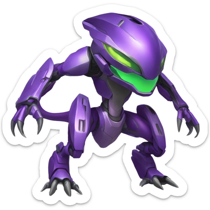a purple-green Genesect-Raptor-Fakémon—hybrid with a futuristic visor-helmet full body sticker