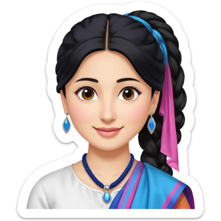 generate a pretty bratz emoji that looks like Kareena Kapoor's Geet character. 
Make her wear a white shirt with a colorful blue-pink dupatta wrapped around her neck. smiling big. Black hair tied into a side part ponytail, silver hoops

She should look exactly  like Kareena Kapoor sticker
