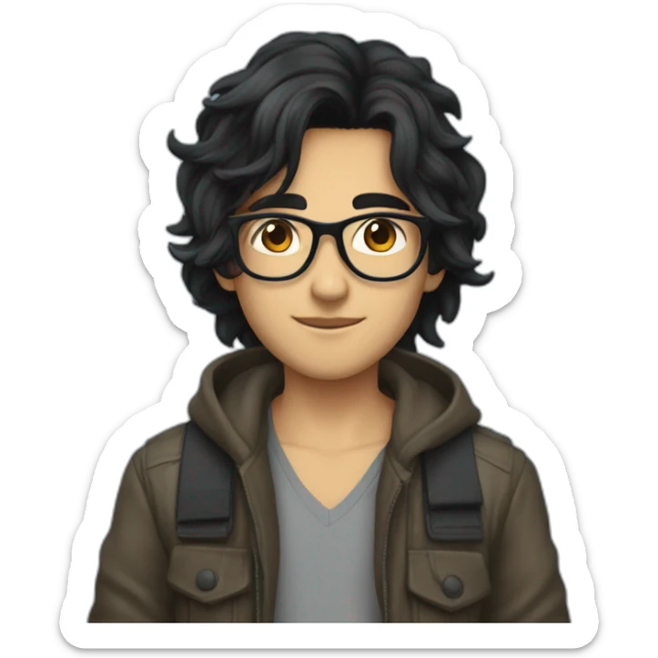 young muselim with semi long black hair blue glasses and black eyes in plane sticker