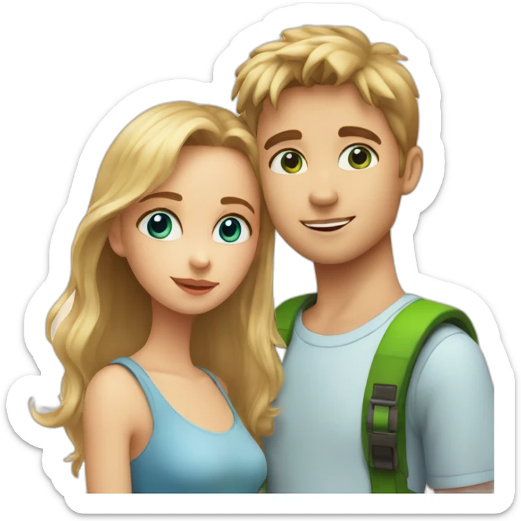 Girl with blue eyes and blonde hair kiss the check of boy with brown hair and green eyes sticker