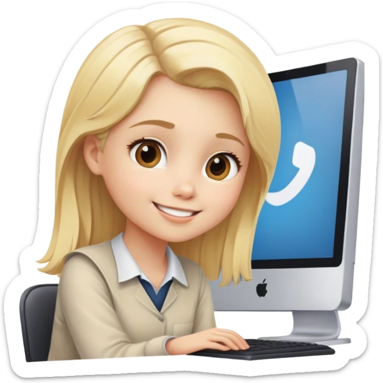A blond girl sitting in front of a computer working but looking up towards you with a smile sticker