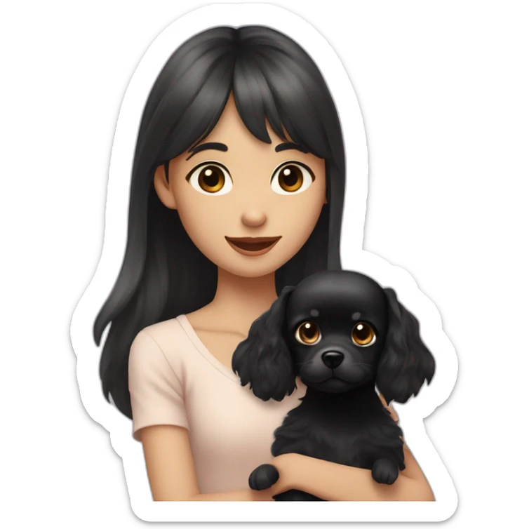young girl with long wavy hair, short bangs, pale skin holding her little black chichuachua dog with big ears sticker