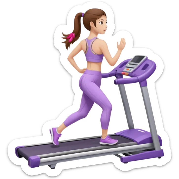 girl with long brown hair on treadmill wearing light purple yoga set sticker