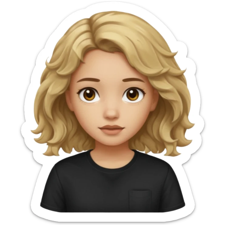 Light skinned girl with dirty blonde wavy hair and deep brown eyes and a black square shirt sticker