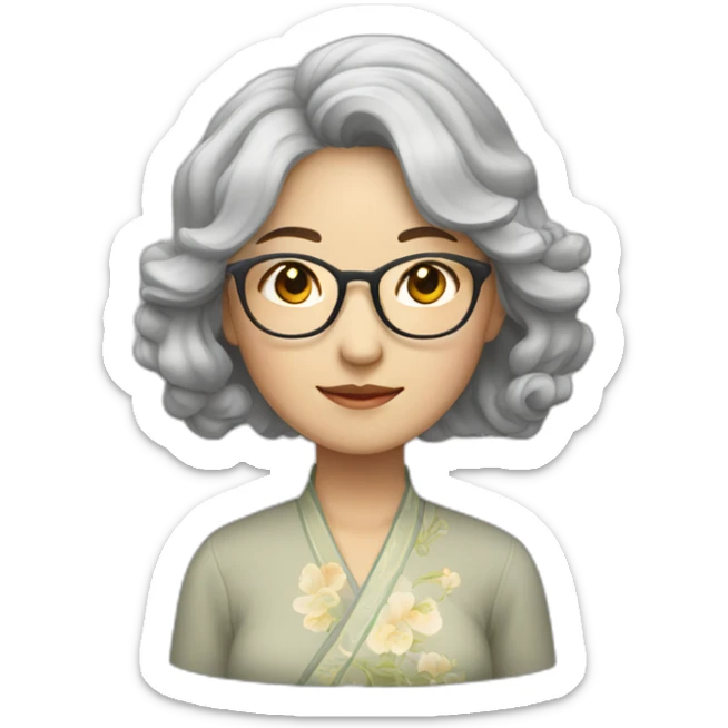 Chinese lady with lightly grey wavy hair to shoulder length wearing glasses wear Chinese dress sticker