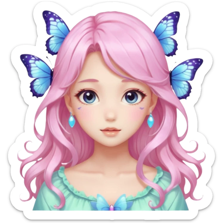 gorgeous shiny blushing anime pastel lady with butterflies and beautiful hair fairycore high quality detailed vogue trending aesthetic sticker