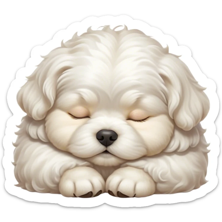 Cinematic Chubby Sleeping Wavy-Haired Maltese dog Portrait Emoji, Chubby and serene, with a round, adorable build and a soft, wavy-haired white coat, eyes gently closed in peaceful slumber, Simplified yet irresistibly endearing features, highly detailed, glowing with a gentle, dreamy glow, high shine, relaxed and content, stylized with a touch of whimsy, bright and heartwarming, soft glowing outline, capturing the essence of a blissfully sleepy companion, so comically serene it feels like it could roll out of the screen and snore with adorable charm! sticker