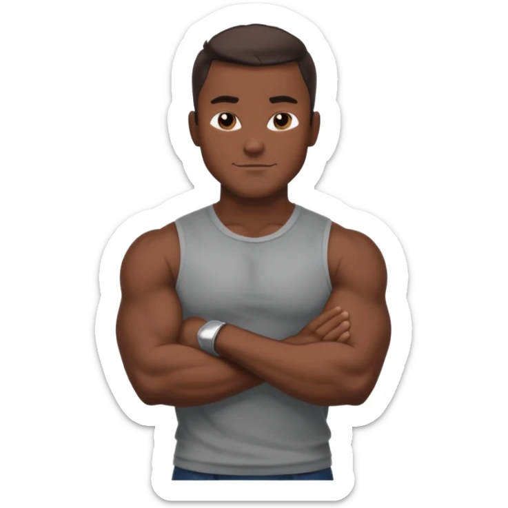 Adult male, dark skin, muscular build, confident smirk, arms crossed, sleek modern casual clothing, assertive pose, strong silhouette, bold shading. sticker