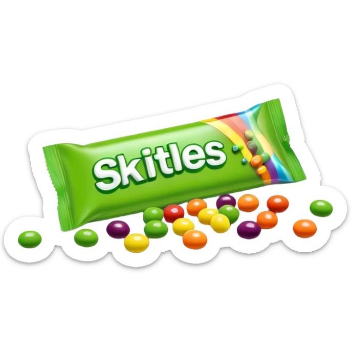 A colorful Skittles candy pack with green candies spilling out. Minimalist design with bright rainbow colors on the package and only green Skittles candies. sticker