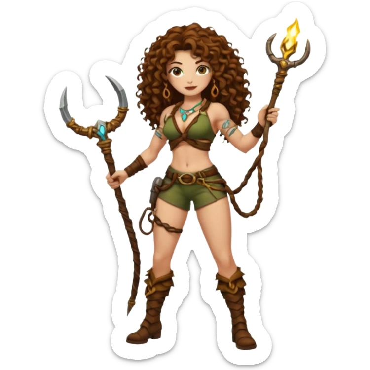 full body woman long curly brown hair brown eyes white skin tattoos muscular build jungle treasure hunter outfit, vine whip, glowing relic sticker