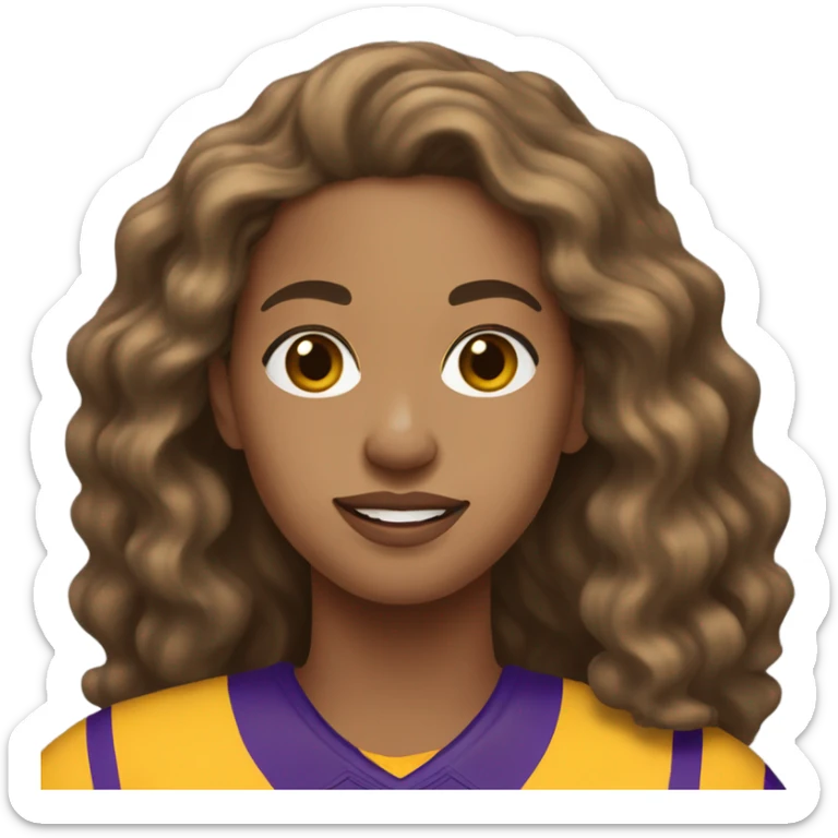 Light skin woman with very long wavy brown hair wearing lsu jersey sticker