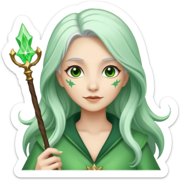 Woman with green skin color with white color long hair and carrying a magic wand sticker