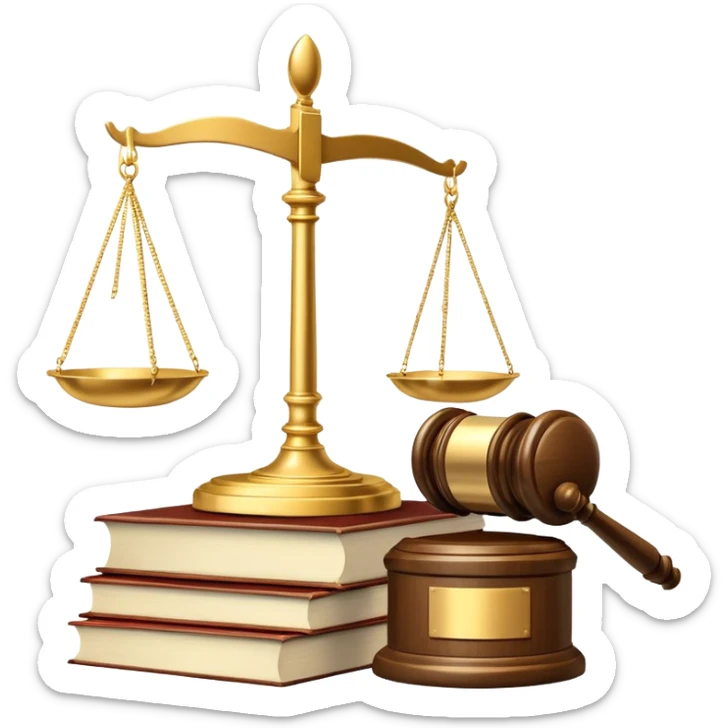 An icon featuring a gavel, legal scales, and a law book, symbolizing the study of law. The design includes a courthouse silhouette in the background, representing justice and legal systems. Transparent background highlights the principles of law and legal practice. sticker