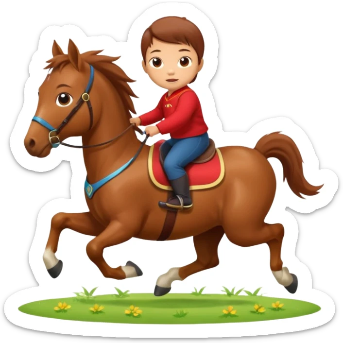 l little chinese baby riding on a  cute horse running really fast on the grass with 2026 year's label sticker