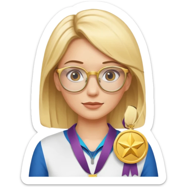 Describe a blonde woman wearing glasses with a gold medal sticker