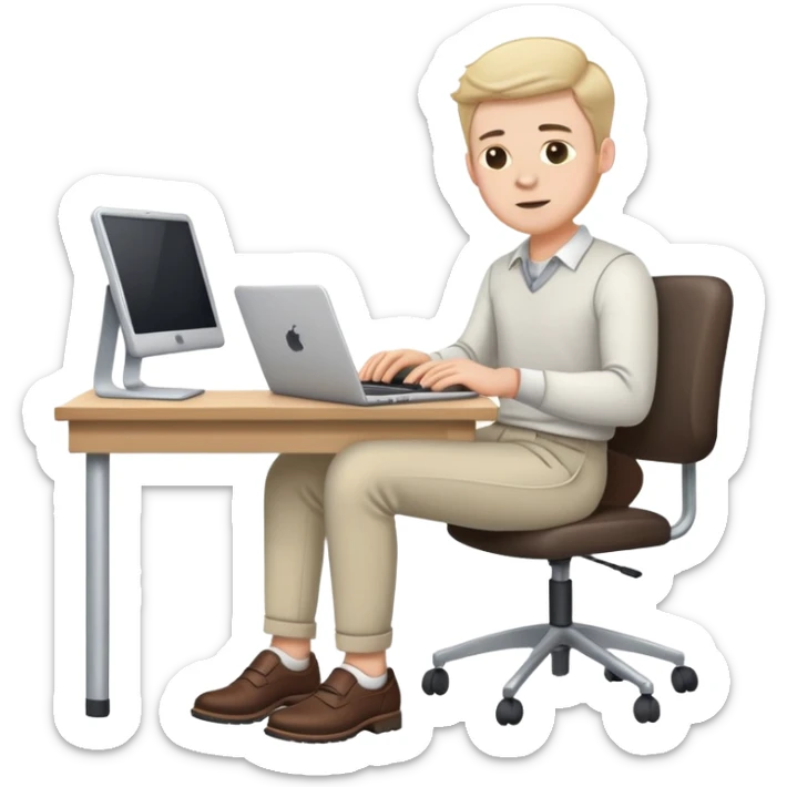 white Guy wearing trousers and shoes, sitting at desk working on a laptop  sticker