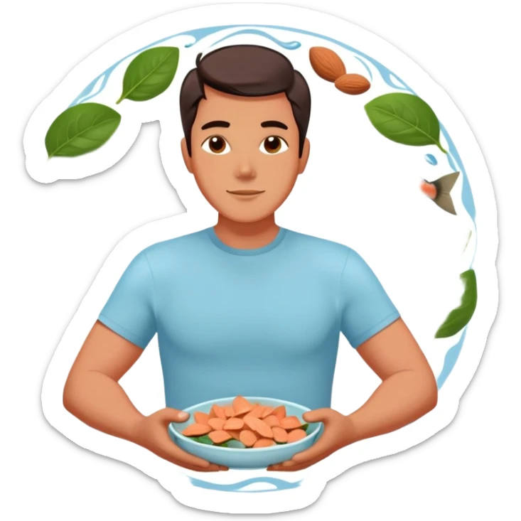 Relaxed floating man surrounded by circling foods: pieces of salmon, dark chocolate, almonds, and spinach leaves. These omega-3 and magnesium-rich foods glow softly as they orbit around him, creating a peaceful, weightless atmosphere. sticker