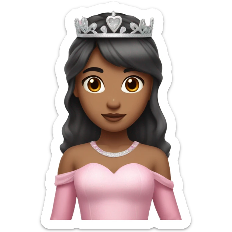 Princess with halo with medium skin tone with long black hair with bang with silver pink heart tiara and pink dress sticker