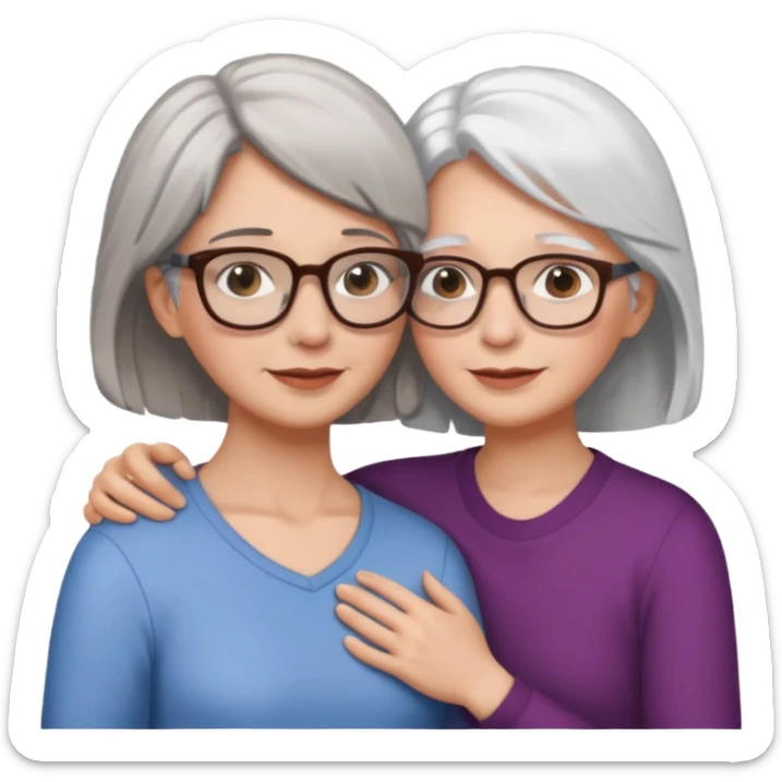 Abrazo de Madre de 60 años con pelo blanco y gafas y hija con pelo morena sin gafas sticker