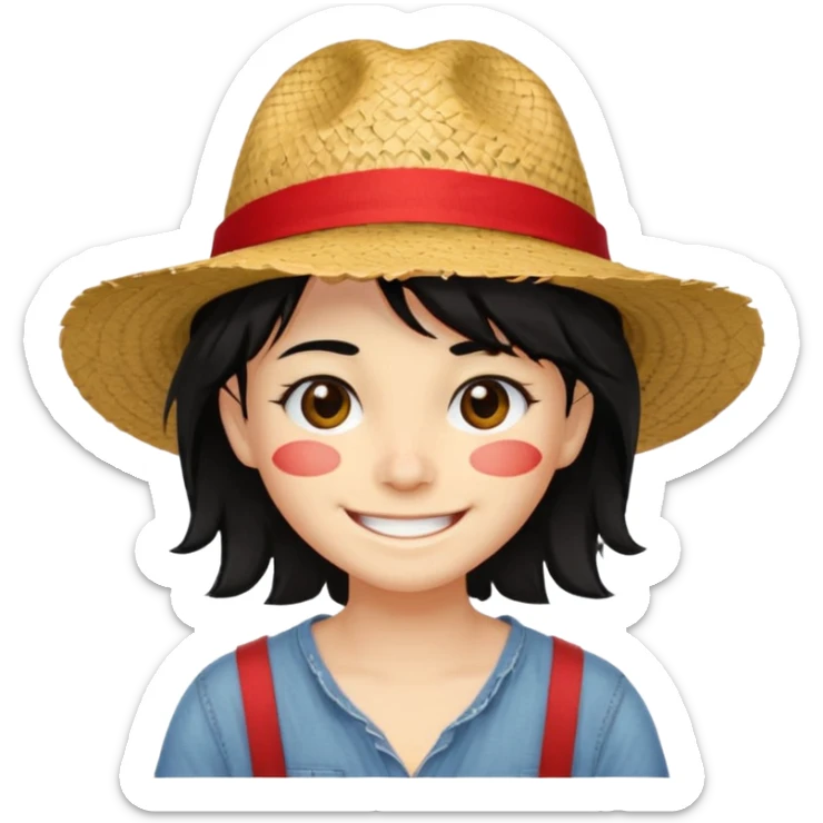 Un personnage avec la peau beige une cicatrice sous l'oeil des cheveux noirs en bataille et un chapeau de paille avec une bande rouge il arbore un grand sourire sticker
