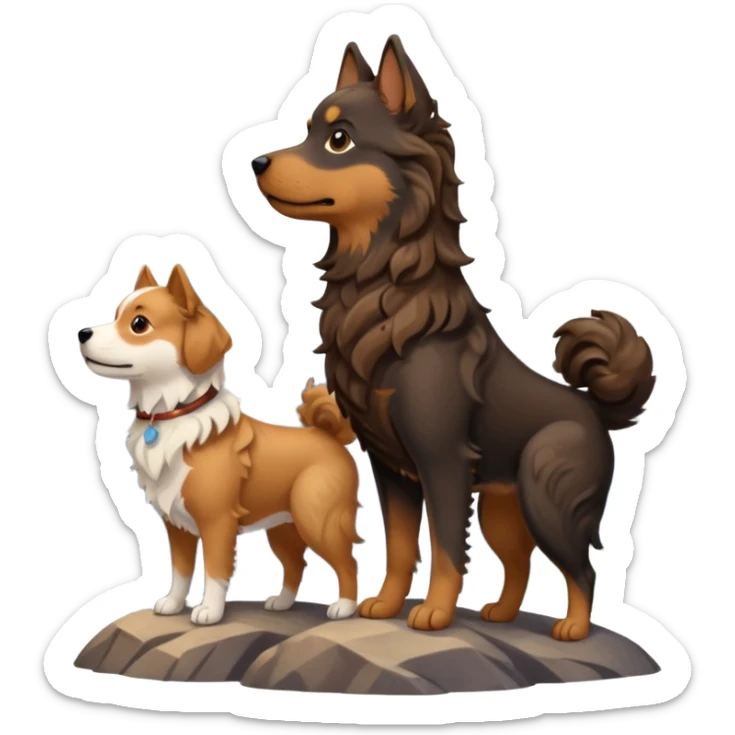 two dogs with wavy hair, one black and brown, one shades of brown with mountains sticker