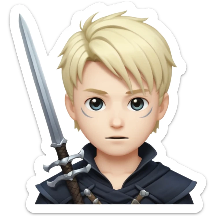 Way cooler with aura very aura and shadow on his face and adult face body Create me an anime character boy emoji looking very cool with swords on his hand sticker