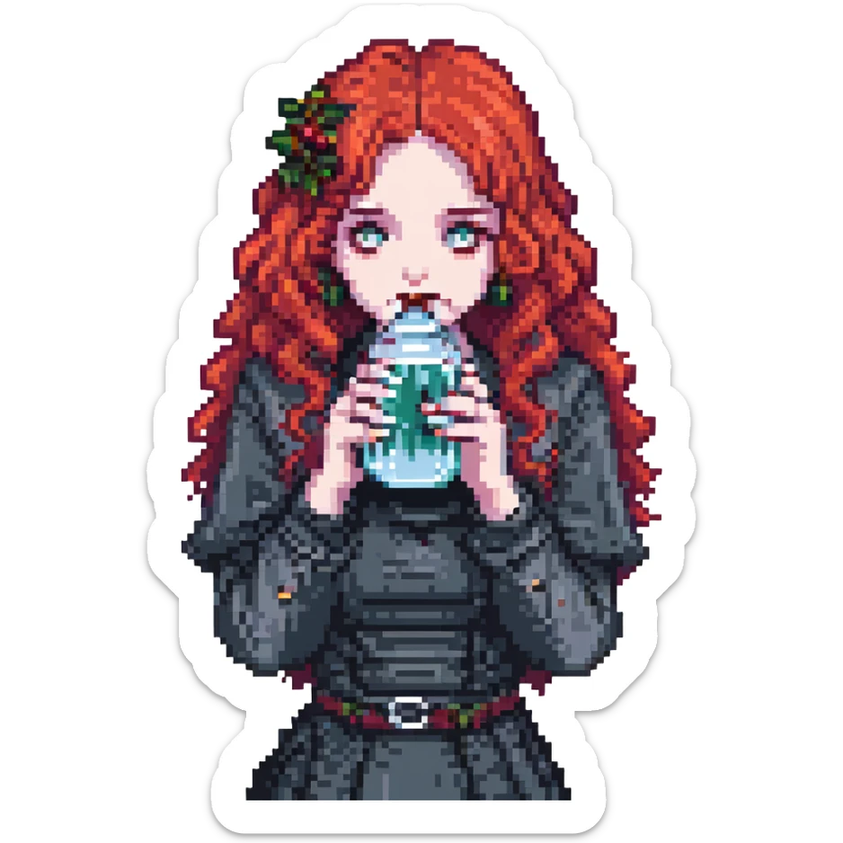 goth girl with curly cherry-red hair sipping water, pixel art style sticker