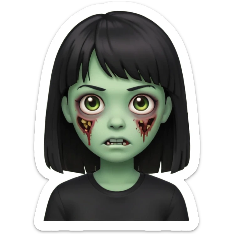 uma garota zumbi no formato Memoji da apple com o cabelo cumprido, preto liso e com franja, blusa preta sticker