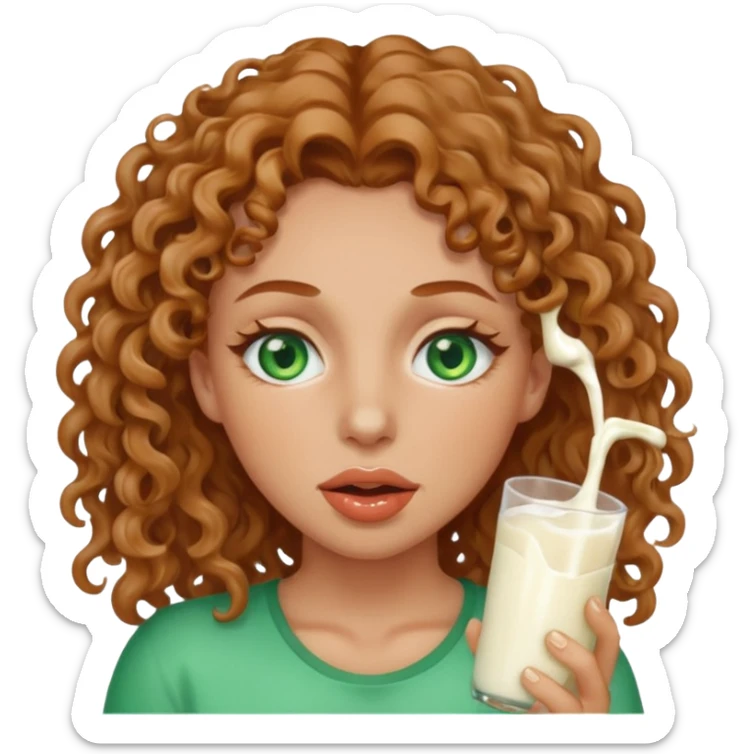 Woman with green eyes and light brown curly hair with milk dripping from mouth and face  sticker