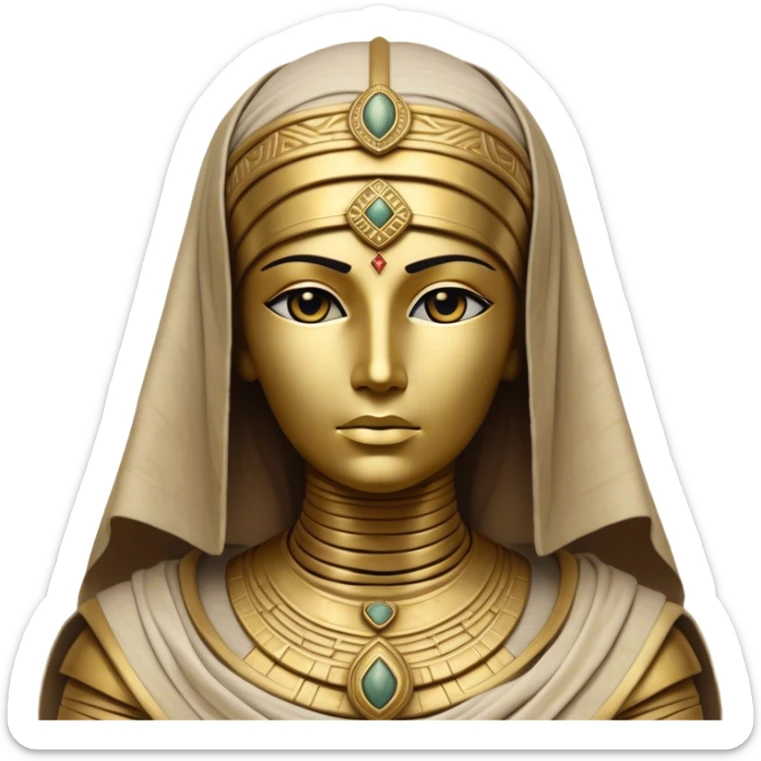 Cinematic Noble Mummy Portrait Emoji, Regal and timeless, with a meticulously wrapped, ancient form in muted earth tones accented by faded gold, exuding an air of forgotten majesty and solemn duty, simplified yet elegant with intricate bandage details, highly detailed and softly glowing, evoking the dignified mystery of an eternal sentinel guarding long-lost secrets! sticker