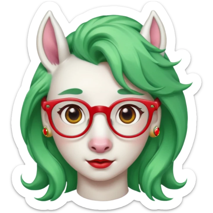 white unicorn with green hair and big red earrings looking into camera and spectacle sticker