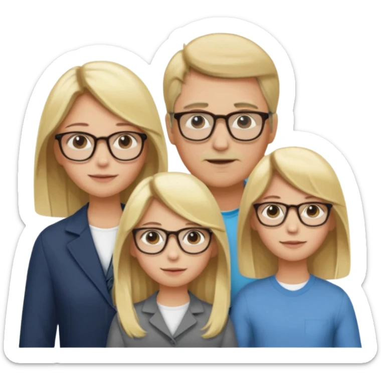 je voudrai un emoji d'une fille aux cheveux longs et blonds avec des lunettes en FAMILLE avec un papa chatain une maman blonde et un frère blond sticker