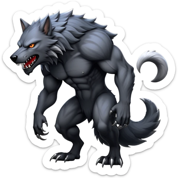 cinematic-noble-fierce-werewolf-full body on all fours-emoji, poised-and-imposing, with a tall, lean, and muscular wolfish frame inspired by the brutal, imposing shape of the beast from Berserk, fur rippling in shades of midnight black and silver, massive paws with razor-sharp claws, elongated limbs and fangs, eyes glowing with an intense, primal ferocity, reflecting the untamed power of the wild moonlit night; rendered with realism sticker