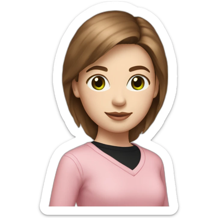 Woman Brown hair white skin color pink sweater black pants pink shoes green eye color sticker