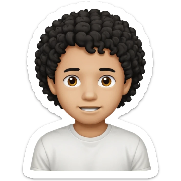a black boy with a curly hair and a white t shirt no teet sticker