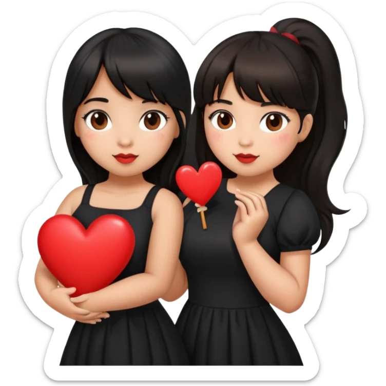 Latina girl with bangs black long hair in pony tail plus size black dress holding a heart sticker