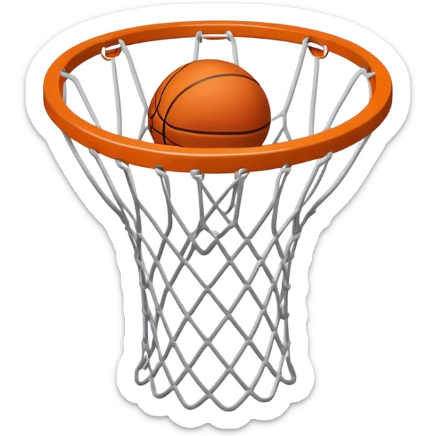 A close-up of a basketball shield and hoop with the ball swishing through the net, captured mid-air. The background emphasizes the tension and excitement of the moment, with the rim and net in sharp focus, showcasing the precision and skill of the sport. sticker