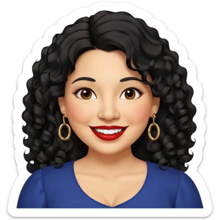 40 yr old Mexican woman, slightly chubby, wavy/curly long black hair, red lipstick, big smile, white teeth, brown eyes, hoop earings, side part to hair, round face, nice blouse, no wrinkle hair side swept, big hoop earing sticker