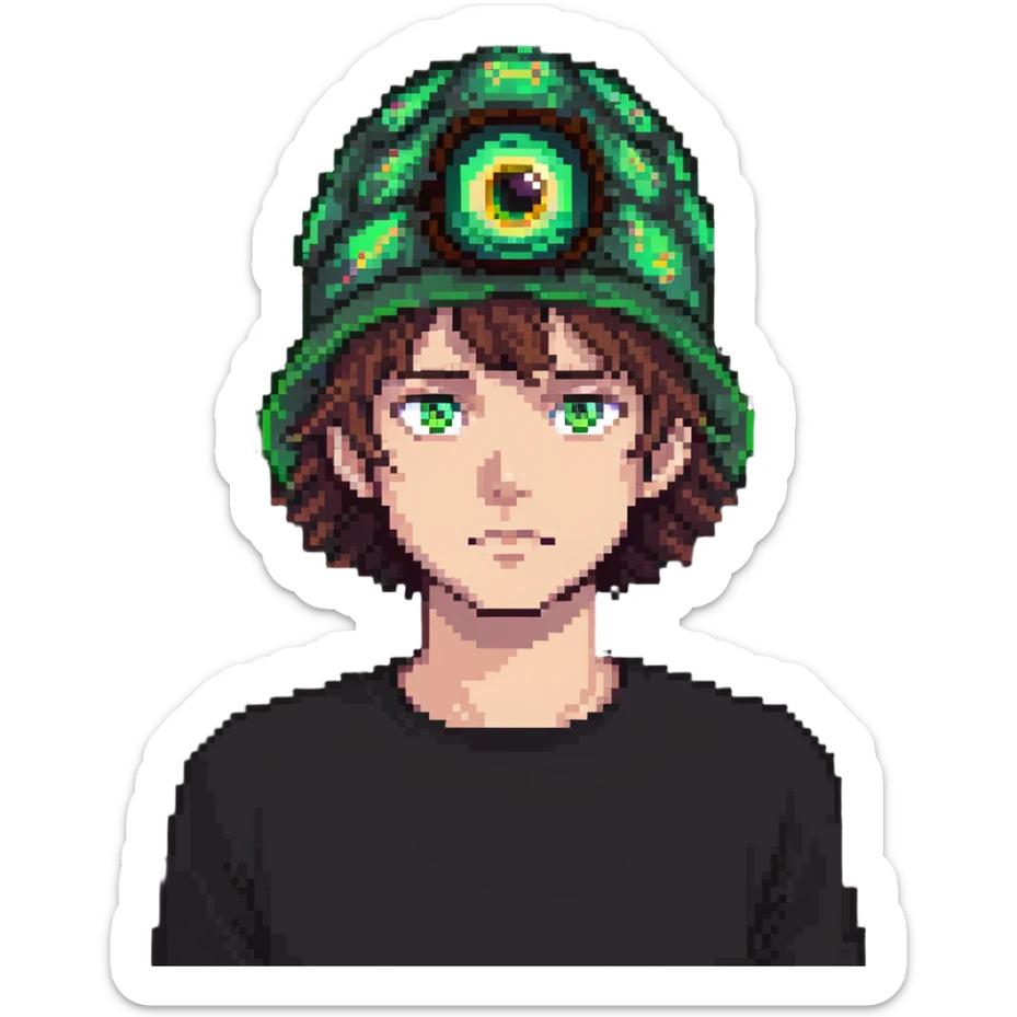 guy with 300 eyes, one big green eye in the middle of his head, wearing a hat made out of a girl on his head sticker