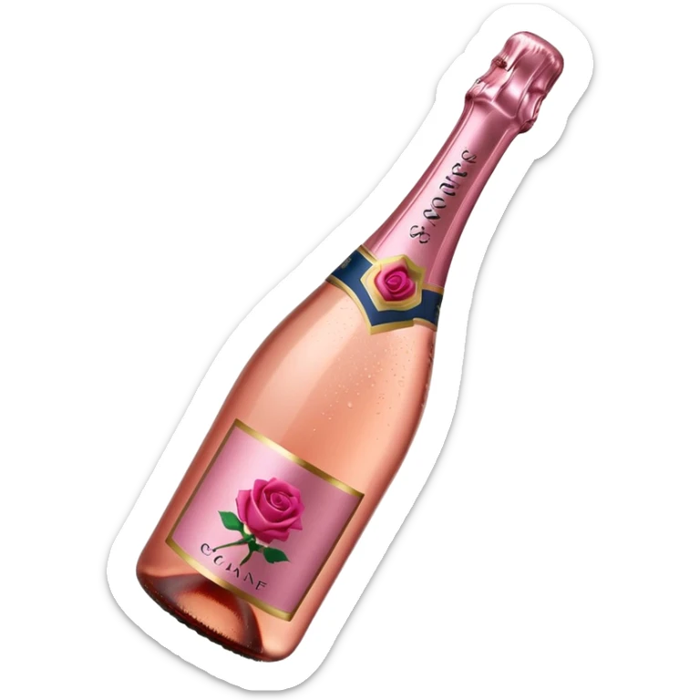 bottle of sparkling rosé champagne with a rose logo on the label, tilted up and to the right, no glass sticker