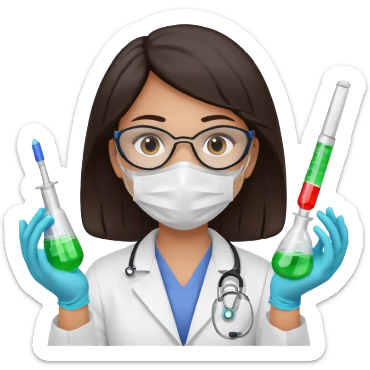 medica con guantes  y mascarilla e insumos laboratorio reactivo jerigan tubos  pelo negro largo triguella sin testoscopio sticker
