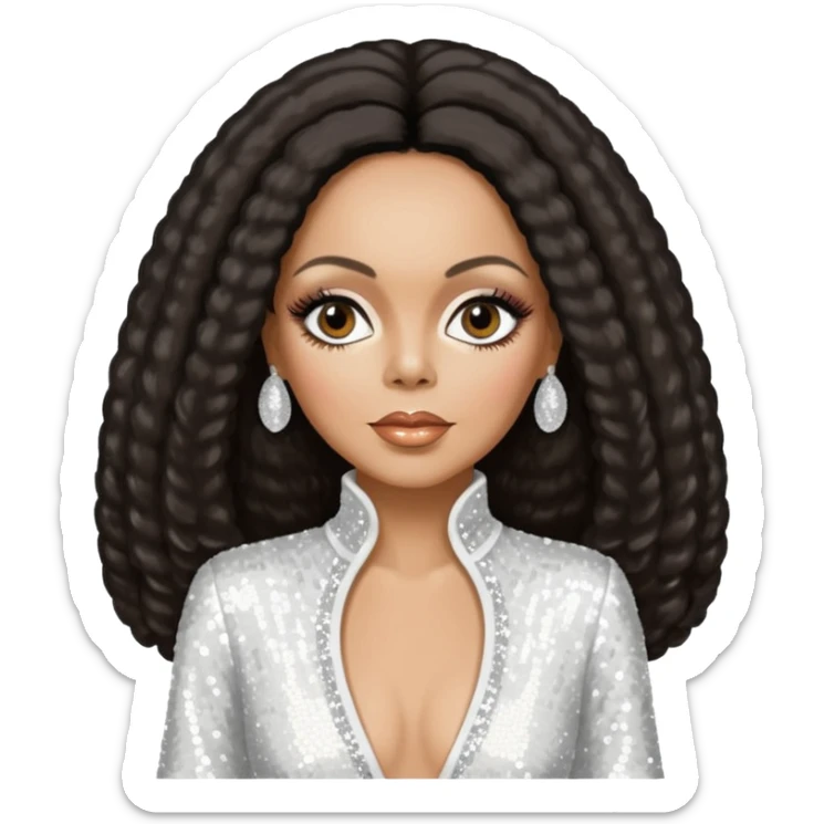 Diana Ross, Queen of Motown from Famous People with long dark brown hair, white sequin outfit sticker