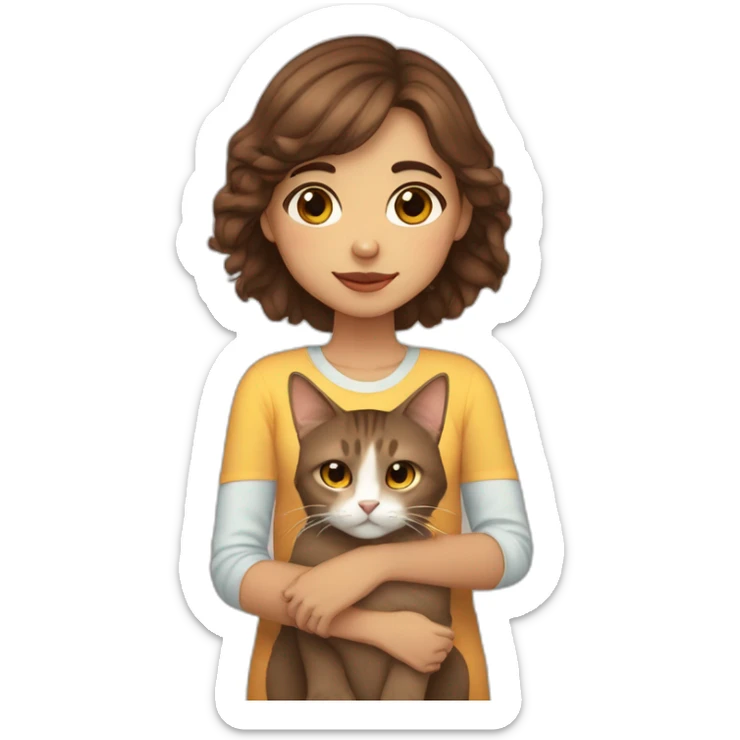 Light skin kabyle girl with straight brown hair and eyes petting a fluffy brown cat sticker