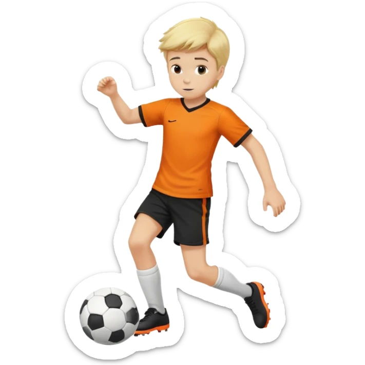 Kicking a soccer ball, boy, blond hair, orange shirt,black shorts sticker