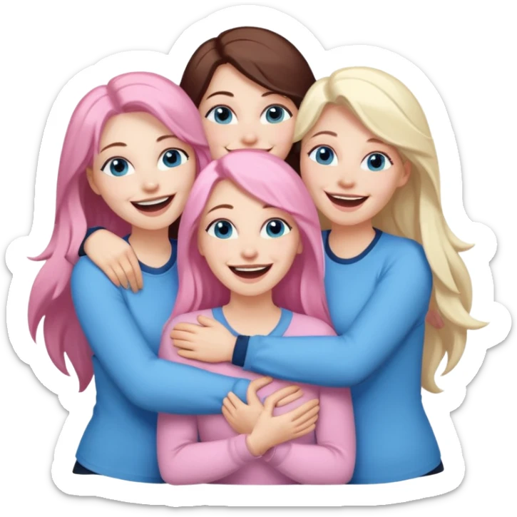 four adult white women laughing and hugging.  Two have long dark brown hair.  One has long pale pink hair and blue eyes. one has with blue eyes and light blonde hair. sticker