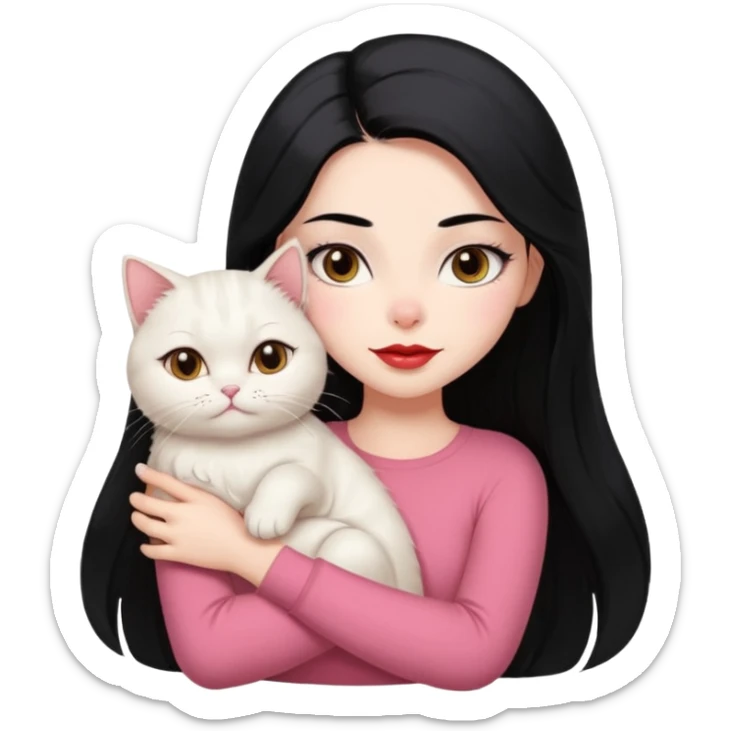 Beautiful Girl Long Hair black, Brows Big , Skin White, Top Pale Pink , Big Red Lips, EyesCoffe , Hug Little baby Persa Cream Cat With Cute Eyes sticker