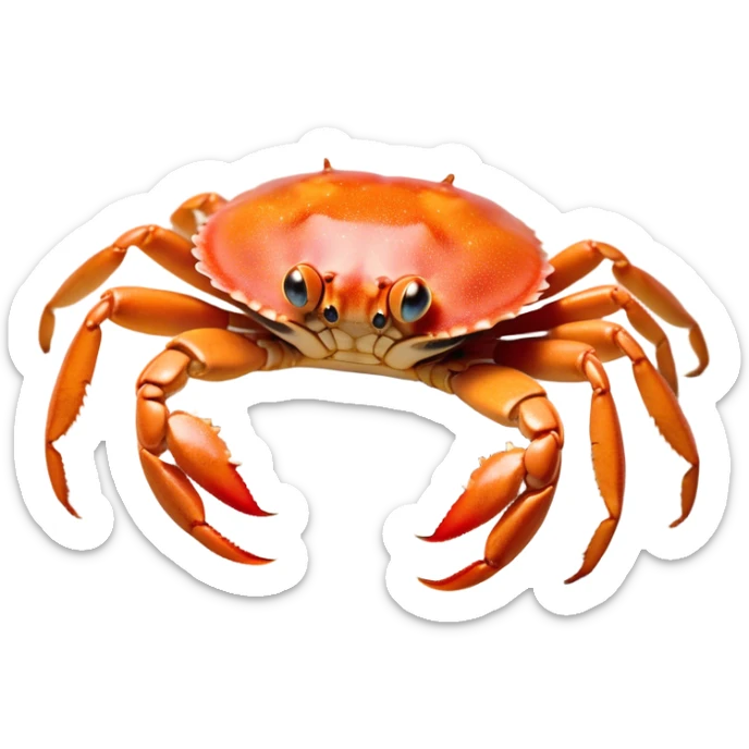 Cinematic Noble Baby Crab Portrait Emoji, Poised and curious, with a small, delicate carapace in vibrant hues, tiny, alert eyes on short stalks, and miniature, intricately detailed pincers, Simplified yet sharp and sophisticated features, highly detailed, glowing with a soft, coastal radiance, high shine, intelligent and determined, stylized with an air of seaside authority, focused and attentive, soft glowing outline, capturing the essence of a watchful and confident juvenile crustacean that appears ready to scuttle out of the screen with effortless charm! sticker